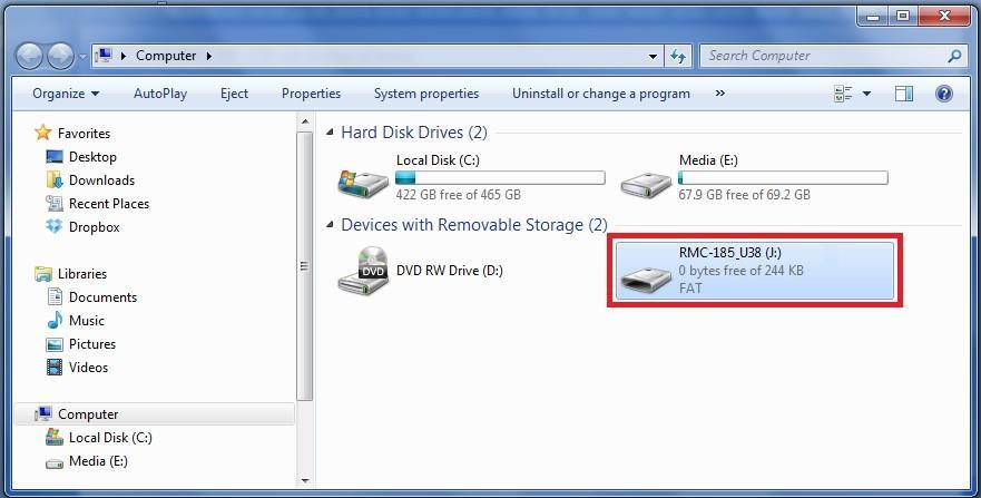 information. 5. The RMC-185+ device (RMC-185+_U38) will appear as a removable storage device on the PC as shown below. 6. Double click the RMC-185_U38 removable storage device and delete the bootcode.