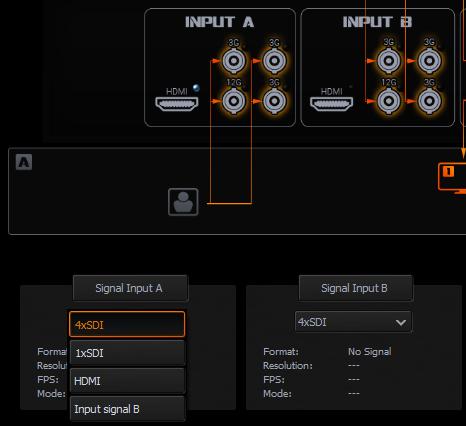 There are 4 input signal options in the Signal Input A drop-down list: 4xSDI 1xSDI HDMI Input Signal B When you select the 4xSDI option, the four SDI ports in the Input A area will then be