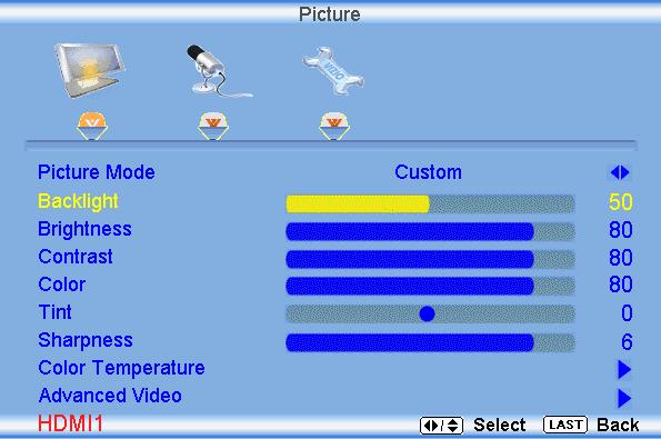 4.7 HDMI Input Picture Adjustment The Picture Adjust menu operates in the same way for the HDMI Input as for the DTV / TV input in section 4.2.
