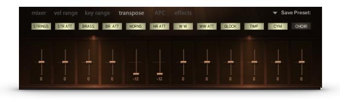 The transpose panel has faders that allow you to transpose each section up or down by one octave.