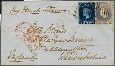 14 to 15½, a used horizontal pair on 1864 cover from Deltota to Weymouth, UK endorsed 'via Marseilles' tied erroneously by barred obliterator