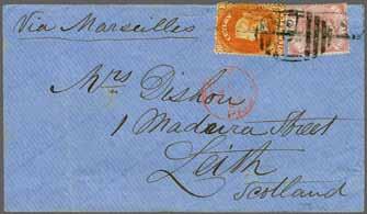 blackish-brown, used on 1871 entire letter from Colombo to London endorsed 'via Brindisi' tied by Colombo duplexes (Sept 30) on despatch. London arrival cds (Oct 28) in red below.