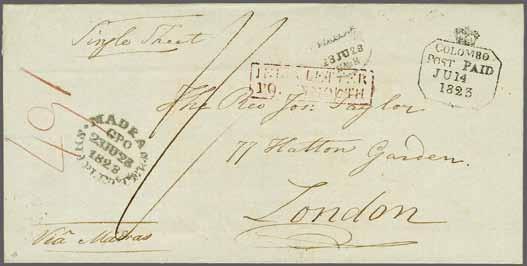 318 CEYLON 1857-1871: The KANDY Collection 227 Corinphila Auction 26-30 November 2018 Pre-Philately Colombo the capitol of Ceylon 1501 1501 1823: Cover from
