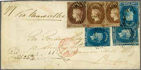 Southampton', tied by crisp strike of oval barred obliterator in black. Reverse with COLOMBO / POST PAID datestamp in red (Jan 8) and London arrival cds (Feb 24) in red.