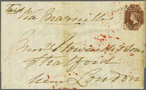 Marseilles' tied by over-inked oval barred obliterator in black. Reverse with JAFFNA / POST PAID datestamp in red, with date inverted, alongside three French transits and arrival (Sept 29).