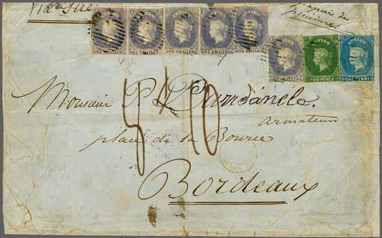 227 Corinphila Auction 26-30 November 2018 CEYLON 1857-1871: The KANDY Collection 325 View of Bordeaux 1517 1517 1 d. turquoise-blue, 2 d. yellowish green and 1 s.
