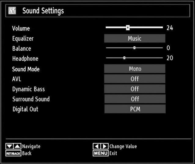 Configuring Sound Settings You can confi gure sound settings of your TV by using Sound Settings menu.