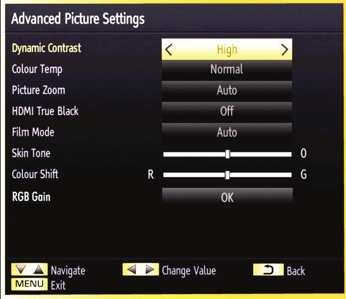 Picture Settings Menu Items Mode For your viewing requirements, you can set the related mode option. Picture mode can be set to one of these options: Cinema, Dynamic and Natural.