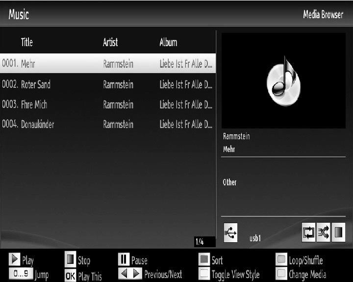 Playing Music via USB When you select Music from the main options, available audio fi les will be fi ltered and listed on this screen.