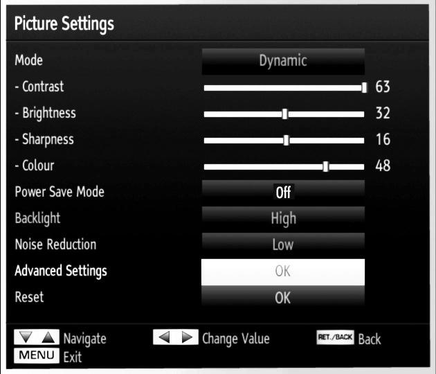 Colour: Sets the colour value, adjusting the colors. Power Save Mode: Use or button to select Power Save Mode. Press or button to set Power Save Mode as Eco, Picture Off and Disabled.