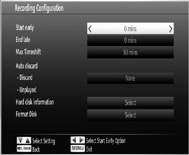 Recording Configuration Select Recording Confi guration item in the Settings menu to confi gure recording settings. The following menu is displayed for recording confi guration.