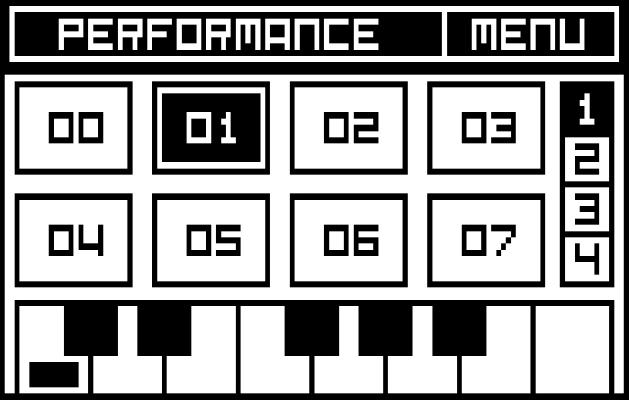 Performance Page In Performance mode (active when selecting this page) tapping on any of the virtual keypad squares activates the sequence number on the key. Here it is seq 01 in the image.
