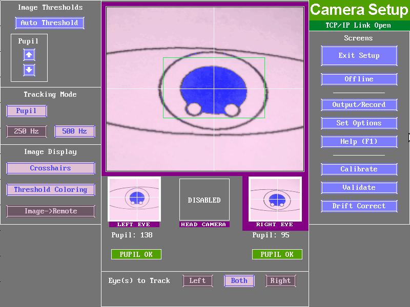 2.3.2 Camera Setup Screen Image Display Attributes Camera Select and Status C t l Tracking Mode S l ti Figure 2-3: EyeLink II Camera Setup Screen Selected eye(s) to track 2.3.2.1 Purpose This is the central screen for most EyeLink II setup functions.