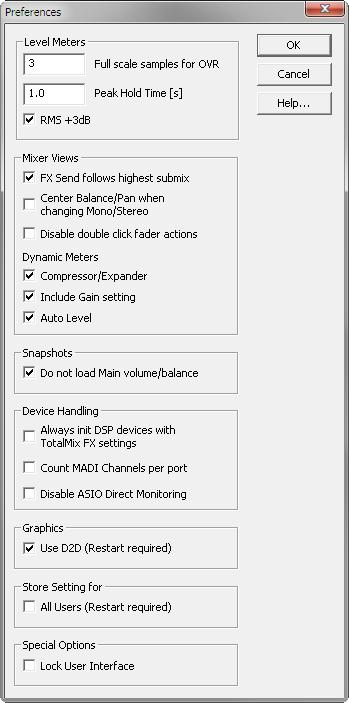 25.7 Preferences The dialog Preferences can be opened via the Options menu or directly via F2. Level Meters Full scale samples for OVR.