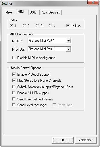 25.8.2 MIDI Page The MIDI page has four independent settings for up to four MIDI remote controls, using CC commands or the Mackie Control protocol.