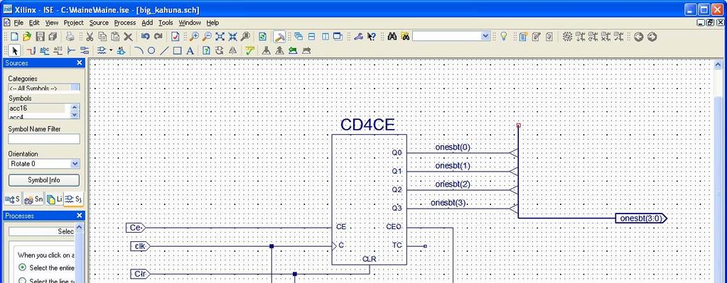 Figure 1: Counter Schematic Layout The Hex to LED Converter We will use VHDL to generate this macro. 1. In Project Navigator, select Project New Source.
