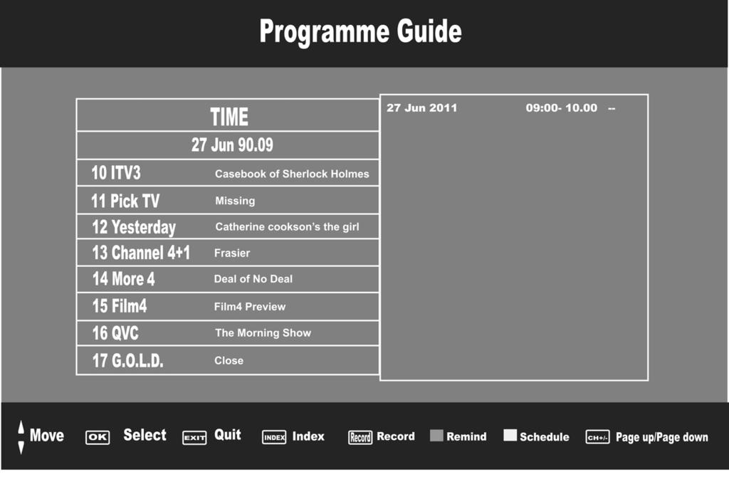 7 Day TV Guide 7 DAY TV GUIDE TV Guide is available in Digital TV mode. It provides information about forthcoming programmes (where supported by the freeview channel).
