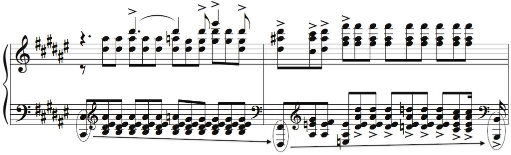 Example 8 Measure 12 and measures 36-38 The intervallic structure of the tritone above the minor seventh at the bottom of each chord recalls Scriabin s expanded dominant harmonies in his tonal works;