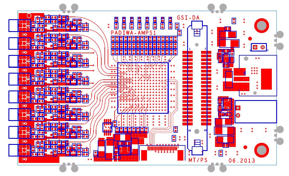 52 mm PaDiWa-AMPS front-end prototype board for the TRB3 platform attenuator & fast amp integrator FPGA with threshold circuit output: LVDS time signals 8x input (MMCX) 88 mm 5 V power connector 1