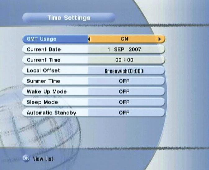 - Summer Time : Select the period during which Summer Time is in force. - Local Offset : If GMT Usage is ON, Local time is GMT time + Local Offset. - Wake Up Mode : Select the wake up frequency.