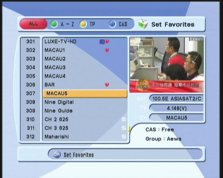 1) Set Favorites This submenu allows you to set up favorite groups of channels. You can select TV or Radio channels in an alternative way by pressing the TV/RADIO button.