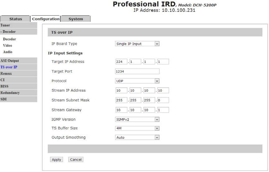 Menu Name ASI-1 Output Source ASI-2 Output Source Description To configure which TS should be output by ASI-1 Output. To configure which TS should be output by ASI-2 Output. 5.2.5 Config--TS over IP TS over IP function is also an optional function, you can select the IP board type in this page.