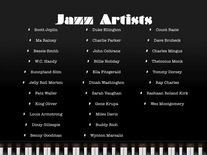 Jazz Artists Scott Joplin Ella Fitzgerald Ma Rainey Dinah Washington Bessie Smith Sarah Vaughan W.C.