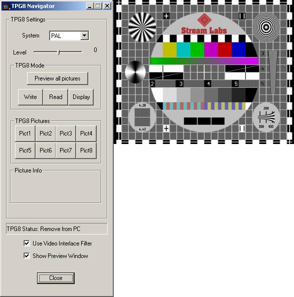 1.6 "TPG-8 Navigator" software The application allows to: Record test patterns (supported file formats:.bmp,.tga,.jpg,.tif, and.d1 (custom format)). Preview previously recorded test patterns.