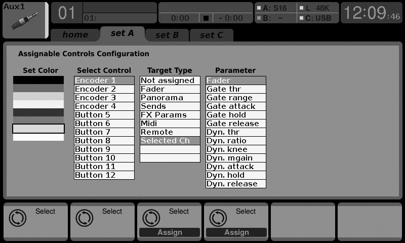 64 X32 COMPACT DIGITAL MIXER User Manual 7.12.2 Assign Screen: Set A Tab The Set A tab allows mapping of specific console parameters to the 8 assignable buttons.