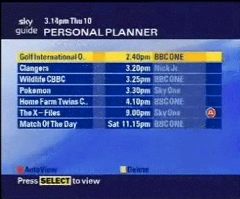 Figure 4: Personalisation Sky s Personal Planner Activated by pressing TV Guide button on the Sky remote control, then the Personal Planner option, this screen shows the planner.