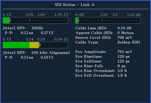 Display Information SDI Status View two measurements of signal jitter and cable loss in both db and meters of the selected cable type, and calculated source level.