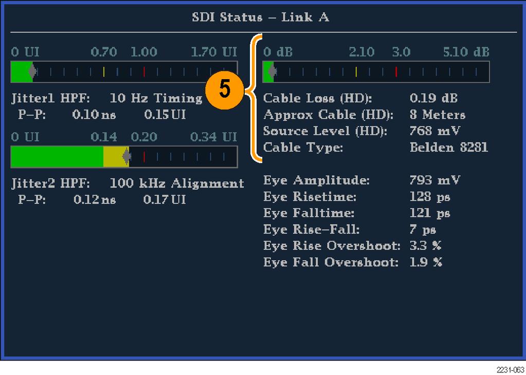 Monitoring the SDI Physical Layer Taking Cable Loss Measurements After you have configured the instrument for Eye measurements, you can take cable loss measurements using the SDI Status display. NOTE.