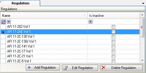 Adding a new Regulation: Click the Add Regulation button to open the Regulation Management dialog box (right). Enter the Regulation Name. Select OK and then Save on the Ribbon.