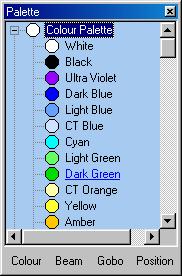 COLOUR PALETTE BUTTON The Colour-Palette contains short cuts for colour, beam and position information. The colour and beam information is loaded for a specific lamp when it is first placed on stage.