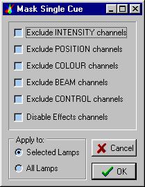 Masking Allows specific categories of channels to be excluded from the Cue. This is particularly useful in conjunction with the Duplicate function.