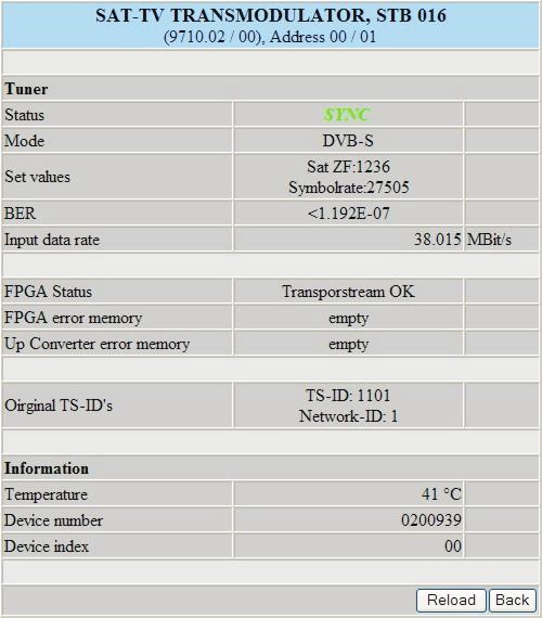 net data rate QAM-ator FPGA Status status, transportstream input FPGA error memory error memory TS Mux, QAM Mod. Up Converter error memory.