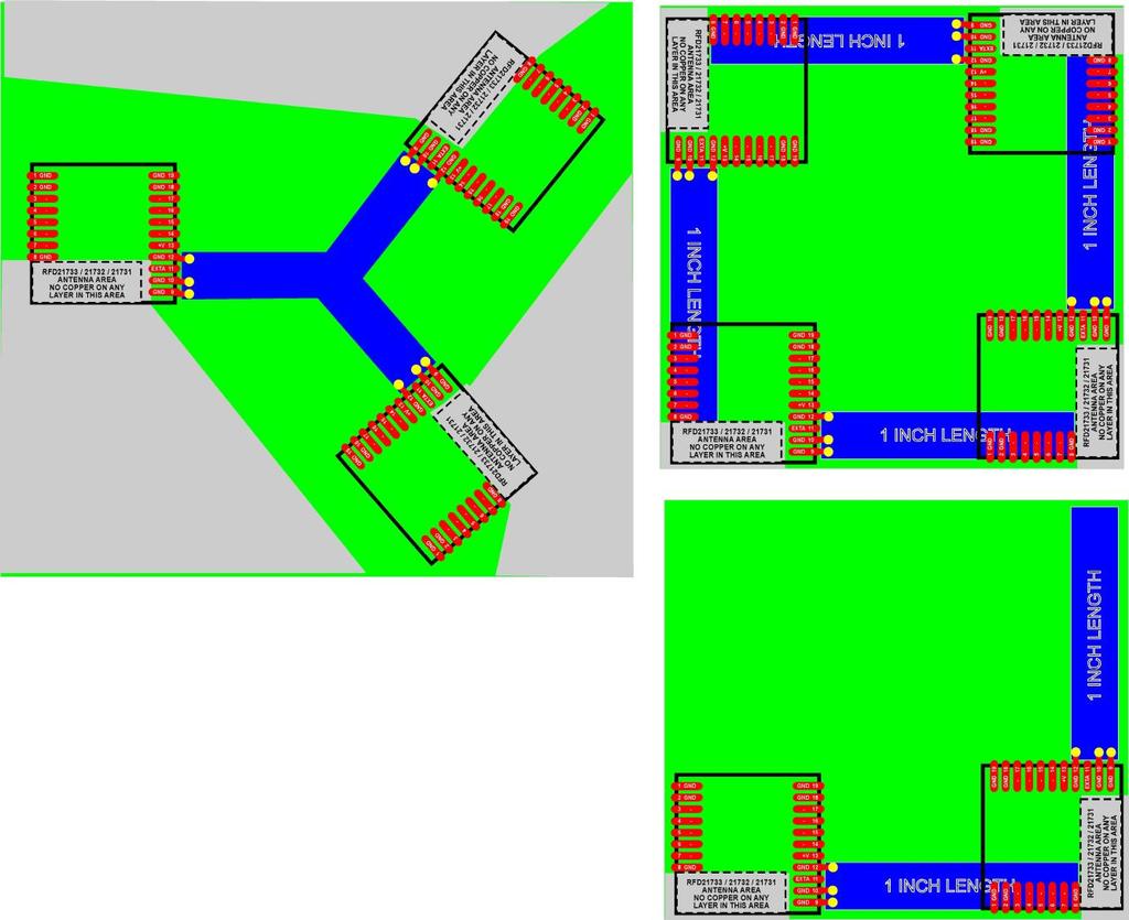 RFD22301- Layout Examples 14 The gray area shows where to keep free from copper and components. These are multi-module configurations.
