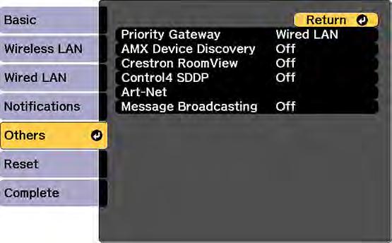 4. Select the Others menu and press Enter. 5. Set the Crestron RoomView setting to On to allow the projector to be detected.