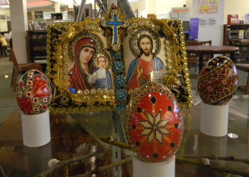 Featured in the Library Display Case are Ukrainian Easter