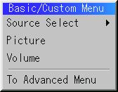 The default Basic/Custom Menu items are: Source Select (RGB1/2, Video, S-Video and PC Card Viewer), Picture, Volume, Image Options (Keystone and Lamp Mode), Projector Options (Menu and Setup), Tools