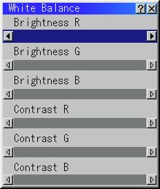 First use the or buttons to select R, G, or B for the brightness and the contrast. Next use the or buttons to adjust the level. Projector Options Advanced Menu.