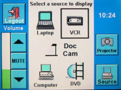 VCR Selecting Source Once VCR is selected on the touch panel as the source, the projector will automatically turn on, tuned to the proper input The panel will change to