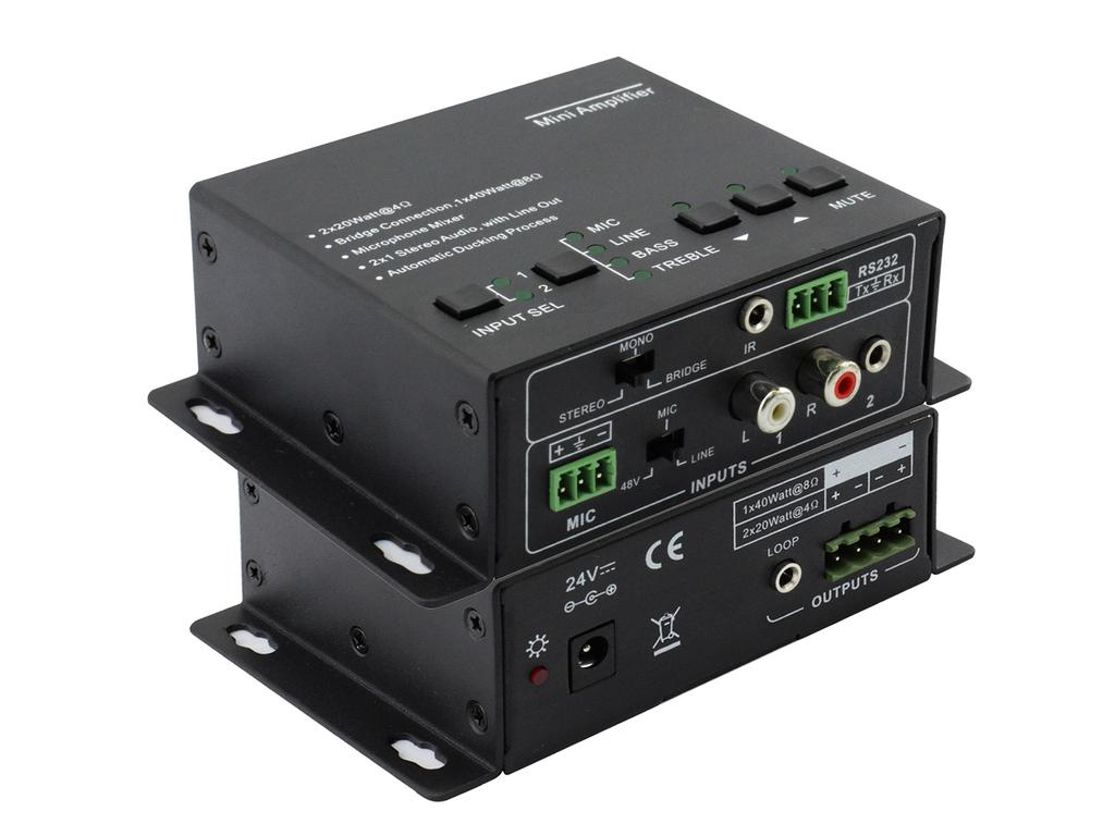 Audio Amplifiers ANI-PA Mini Digital Amplifier with EQ/Mixer Mini Digital Amplifier with EQ/Mixer The ANI-PA is a compact-size digital amplifier (Class-D) with (3) inputs (2 line level and 1 MIC).