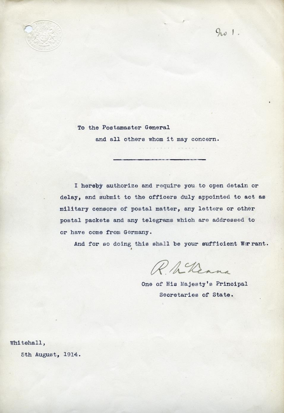 Royal Mail Group Ltd 2014, courtesy of The Postal Museum, POST 56/55 This letter dated 5 th August 1914 is from