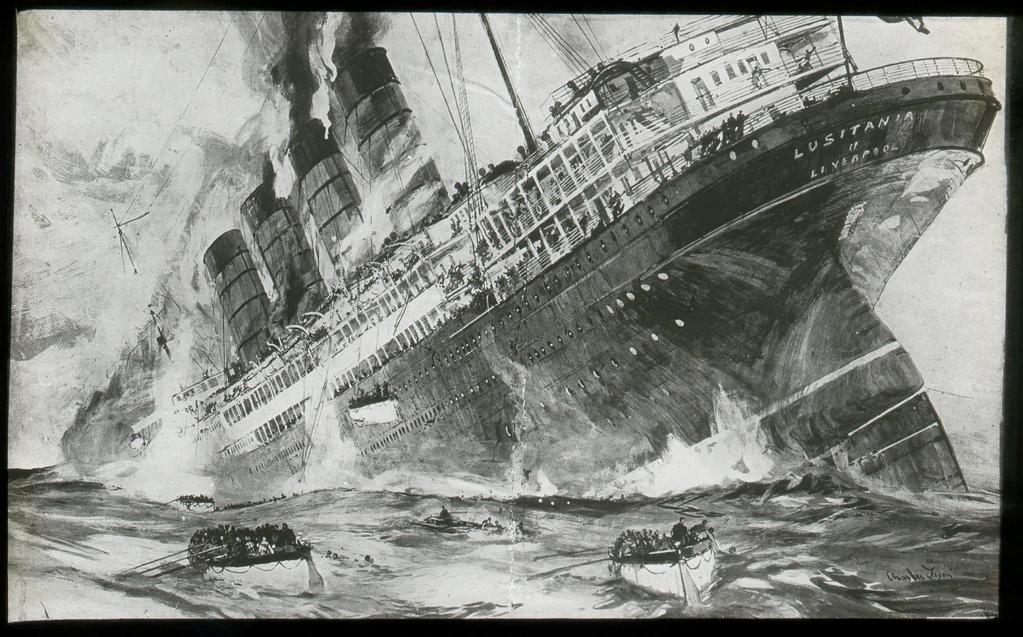 The Postal Museum, 2012-0126/06 This black and white non-photographic lantern slide shows the wreck of the RMS Lusitania. The ship is shown leaning to one side with two lifeboats in the background.