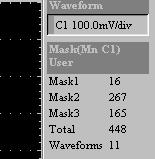 Using Masks, Histograms, and Waveform Databases Counting Masks Mask-counting statistics are displayed in the mask readout at the right-side of the display.