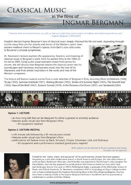 FILMS OF INGMAR BERGMAN Ingmar Bergman: 100 Years, Lund University, Sweden Filmoteca Española, Madrid, Spain Toronto International Film Festival