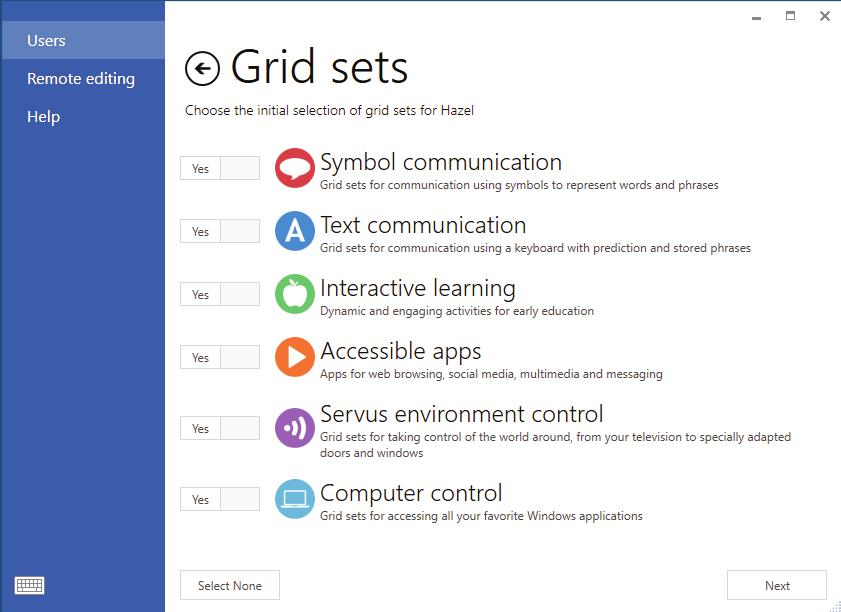 Select the type of grid sets your user will need by selecting from the six options.