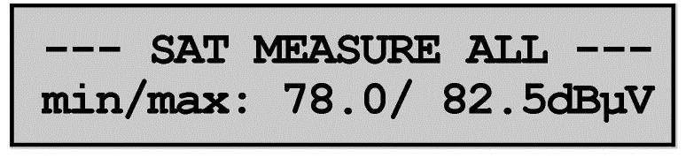 When the button, measure, is pressed, this display (example) appears on the screen: Display of the minimal level 78.0 dbµv and the maximal level 82.5 dbµv.