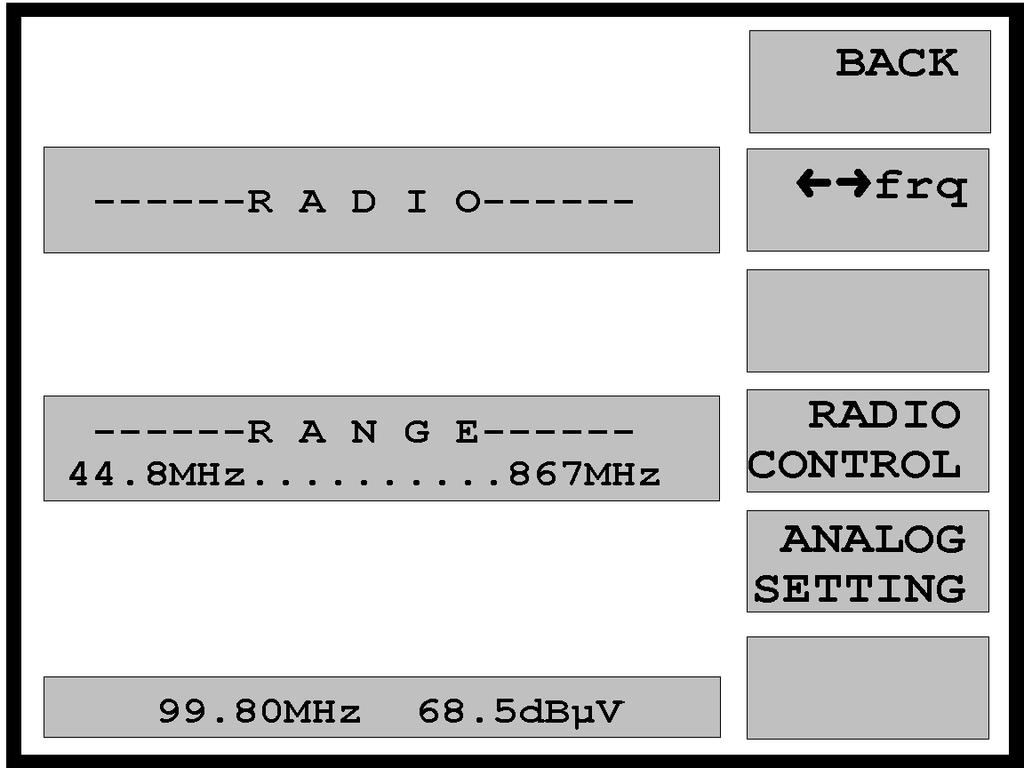 Radio Operation Radio Operation RADIO menu Returns to TV menu. Entering a frequency from 44.75 MHz to 867.